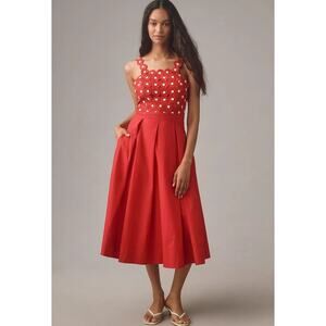 NWT Anthropologie Maeve Crochet Halter Poplin Midi Dress $228 SIZE 10 Red